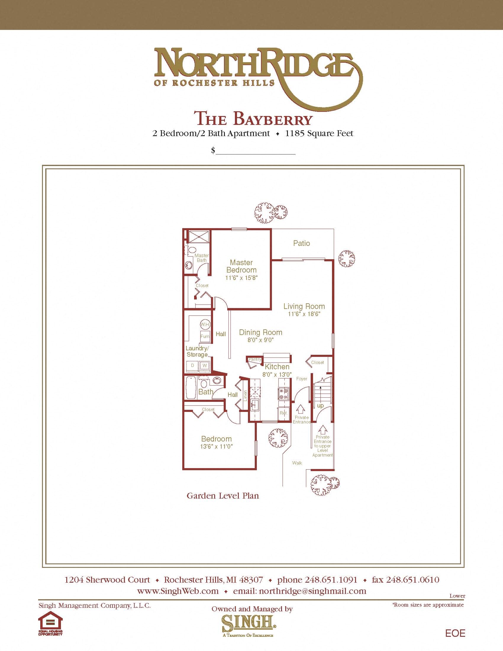 Floor plan for 2 beds, 2 baths, 1185 sqft